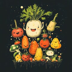 Wall Mural - A whimsical illustration of smiling vegetables in a playful arrangement.