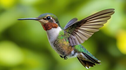 Ruby-throated hummingbird hovering with blurred wings on a white background