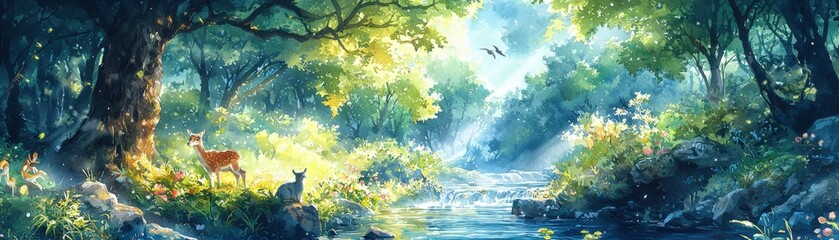 Watercolor scene of nature conservation, wild animals in lush forest, conserving endangered species, vibrant ecosystem, serene natural setting, eco-friendly habitat, Midjourney