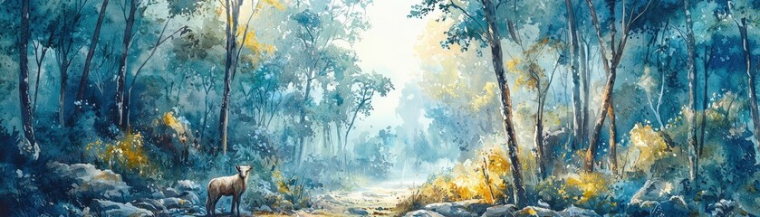 Watercolor scene of nature conservation, wild animals in lush forest, conserving endangered species, vibrant ecosystem, serene natural setting, eco-friendly habitat, Midjourney