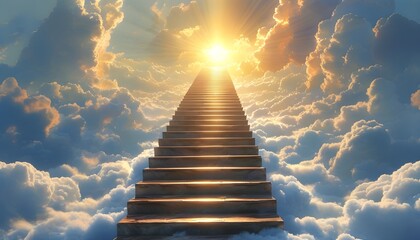 Ethereal stairway ascending through clouds towards a radiant sky, symbolizing hope and spiritual ascension