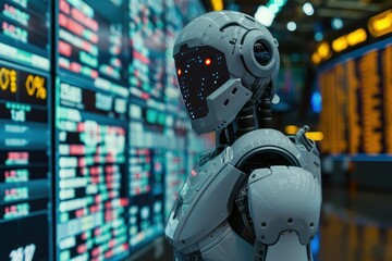 Wall Mural - A robot stands in front of a wall of monitors displaying stock market data