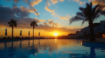 Canvas Print - Sunset Over a Resort Pool with Palm Trees