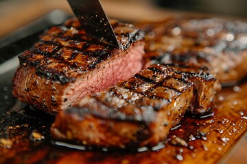 Wall Mural - Grilled steak with a knife cutting into it, showcasing juicy texture.