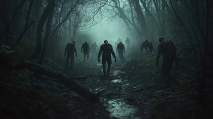 Wall Mural - A group of zombies wandering through a dense forest at night, their decayed limbs barely visible through the thick fog that blankets the area.