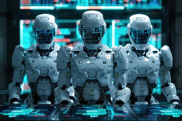 Three robots are standing in front of a computer monitor