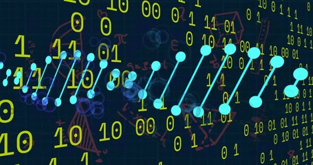 Poster - Animation of dna strands over data processing and mathematical equations on black background