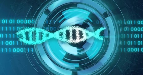 Poster - Animation of dna strand over data processing and scope scanning on black background