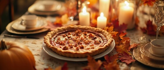 Canvas Print - Cozy Autumn Pie and Candle-Lit Thanksgiving Table Setting