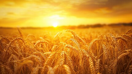 Background ripe golden wheat field with sunset wide view Concept agricultural industry