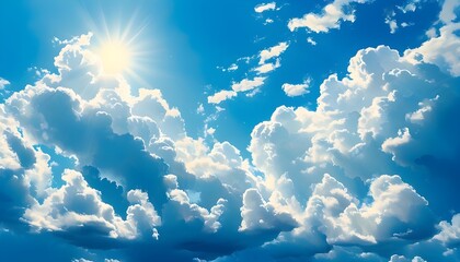 Serene expansive sky adorned with fluffy white clouds set against a brilliant blue backdrop, embodying a perfect sunny day.