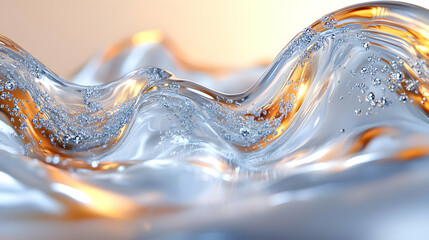 Wall Mural - Abstract Background - Liquid Silver and Gold Waves with Bubbles Illustration