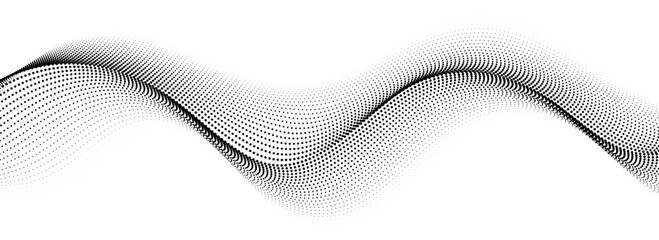 Poster - Black dotted wave line pattern. Halftone undulate net background. Abstract stipple particle flow wallpaper. Curved dashed gradient element for poser, banner, presentation, booklet, flyer. Vector