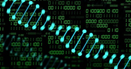 Poster - Animation of dna strands over data processing on black background