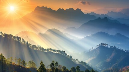 Majestic sunrise over misty mountains with sun rays illuminating the fog-covered valleys, casting long shadows on the forested hills.