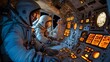 © khairulz - Astronauts operating controls in a spacecraft cockpit, showcasing space exploration technology.