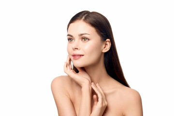 Wall Mural - Beautiful young woman with clean skin on white background, isolated