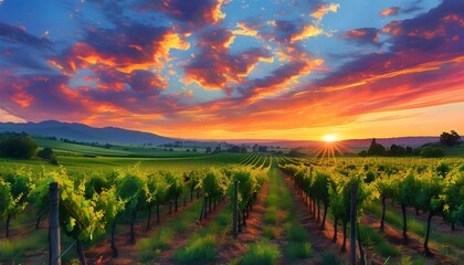 Wall Mural - Breathtaking sunset over a picturesque vineyard with vibrant skies and lush greenery, showcasing natures beauty in a tranquil countryside setting