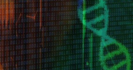 Poster - Animation of dna strand over data processing and network of connections on black background