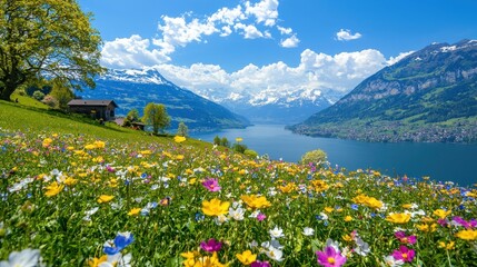 Canvas Print - Wildflowers Blooming in Alpine Meadow with Mountain Lake and Snow capped Peaks