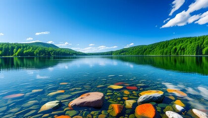 Serene lake with transparent waters and colorful stones, embraced by a verdant forest beneath a bright blue sky