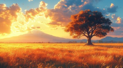 Poster - Serene landscape with a tree against a vibrant sunset backdrop.