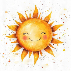 Wall Mural - A smiling sun with rays, isolated on a white background, watercolor style