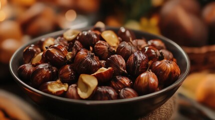 Canvas Print - Roasted Chestnuts in a Bowl on Autumn Background