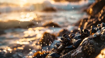 Close-up of mussels growing on rocky coastal cliffs, glistening in the sunlight with the ocean waves gently crashing below