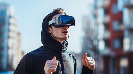 Young man in a black hoodie using a virtual reality headset outdoors in a city.