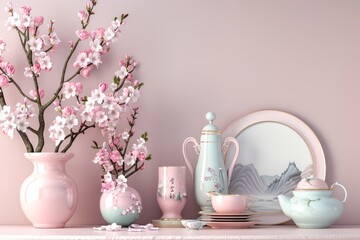 Wall Mural - Flower Branch on Display: 3D Rendered Shelf Decoration