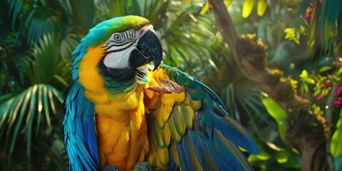 Poster - Beautiful parrot holding food showcasing vibrant yellow blue and green feathers