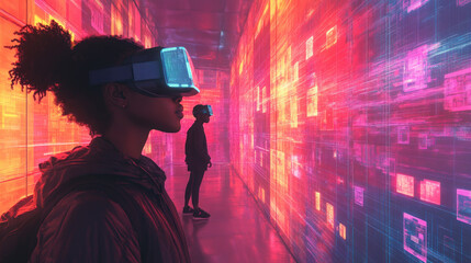 Immersive virtual reality experience with two individuals wearing VR headsets in vibrant, colorful digital environment..