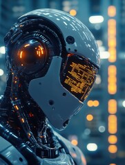 Poster - A robot with a white helmet and orange lights on it