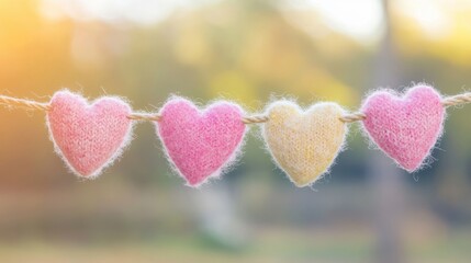 Wall Mural - Knit heart notes in pink and yellow hang on a string, creating a cozy, whimsical decoration against a softly blurred natural backdrop