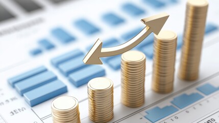 Sticker - Gold Coins Stacked on Blue Bar Graph Showing Growth