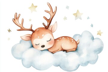 Wall Mural - A charming watercolor illustration featuring a cute little reindeer sleeping peacefully on a fluffy cloud. The reindeer's closed eyes and relaxed pose evoke a sense of tranquility, while the starry ba