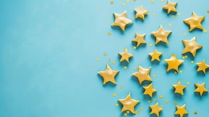 Poster - A collection of shiny yellow stars adorns a bright blue backdrop, adding a playful and joyful touch to the setting