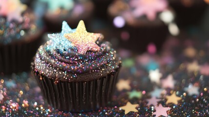 Wall Mural - Delicious fantasy cupcakes showcase shimmering glitter and star decorations, perfect for a festive celebration or creative gathering