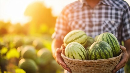 Sticker - A farmer gathers ripe watermelons in a bright field, showcasing the fruits of a sunny dayвЂ™s hard work during the harvest season