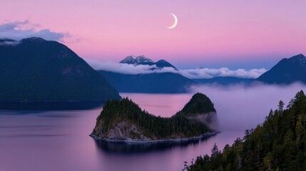 Wall Mural - a crescent moon hangs above a serene misty lake, with mountain peaks reflecting the soft twilight co