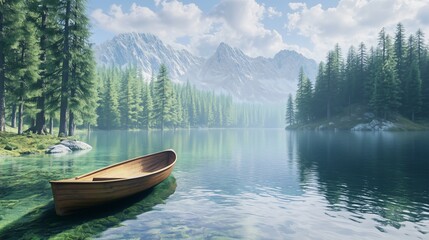 Poster - Serene wooden boat floats on tranquil lake surrounded by lush evergreen trees and majestic mountains in the early morning light