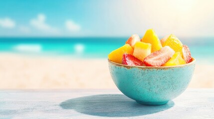 A vibrant bowl of fresh fruit salad sits on a sunny table, highlighting the refreshing colors against a stunning beach backdrop