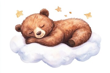 Wall Mural - A charming watercolor illustration of a cute little grizzly bear peacefully sleeping on a fluffy white cloud surrounded by twinkling stars. This image evokes feelings of tranquility, innocence, and dr