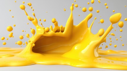 Poster - Golden liquid bursts energetically, forming dynamic shapes and droplets against a stark white backdrop, showcasing movement and color