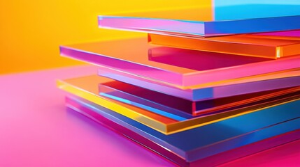 Poster - A stack of vibrant, transparent acrylic sheets in various colors rests on a surface, creating a striking visual in a workspace