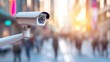 © red_orange_stock - A surveillance camera observes the bustling urban street filled with pedestrians and vehicles, ensuring safety and security for all