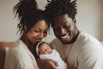 Young family lovingly gazes at their sleeping newborn baby, radiating happiness and care in a cozy home setting