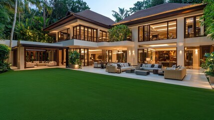 Poster - Modern Luxury Villa with Lush Green Lawn and Patio Furniture