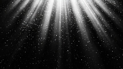 Abstract White Light Rays and Glitter on Black Background